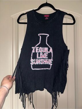 Boho Fringe Tank Top - Tequila Lime Sunshine - Black
